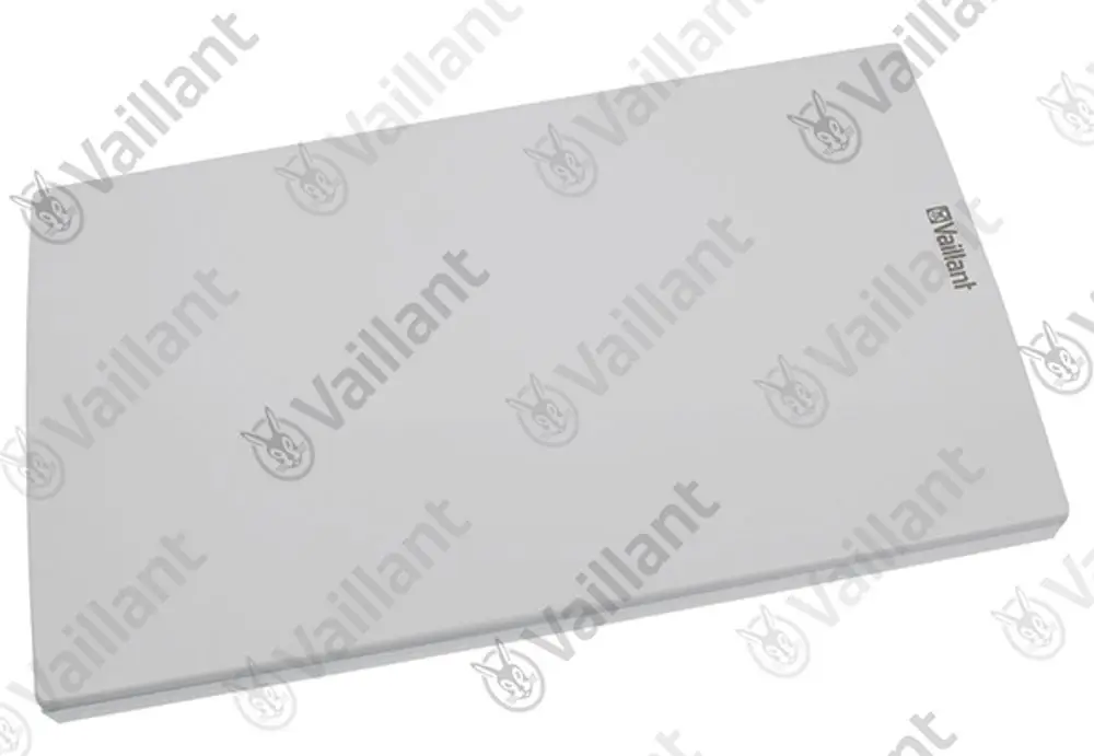 Weißes Frontblech von Vaillant auf einer flachen Oberfläche, ohne sichtbare Beschriftungen oder Details, mit glatter Oberfläche und abgerundeten Kanten.